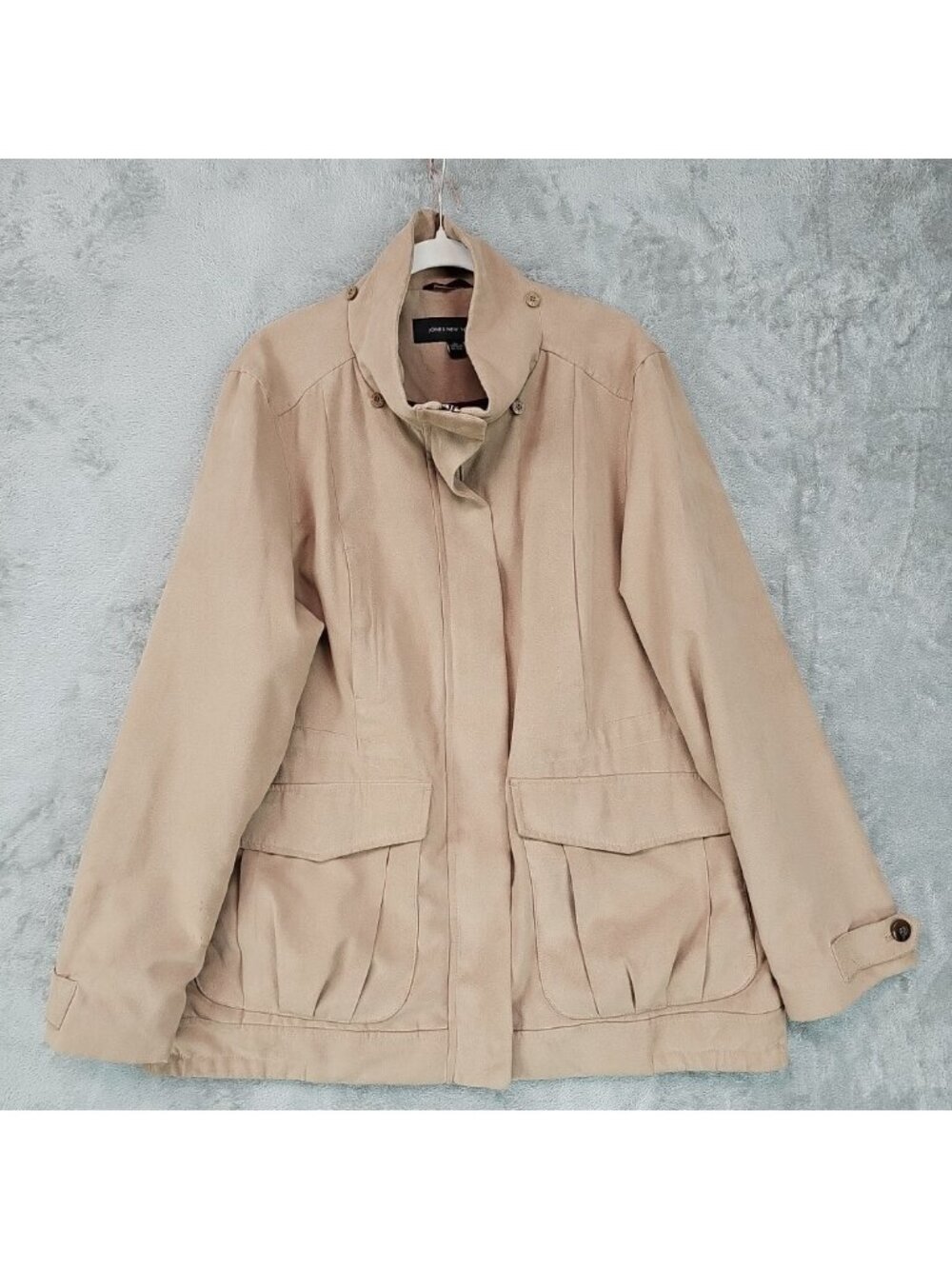 Jones New York Jacket Womens XL Beige Microfiber Zip Front Stand Collar Pockets